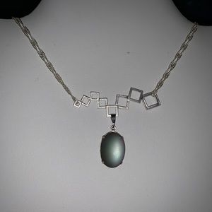 Frosted Bermuda Blue/Pink Stone Drop off a Rectangle Charm on Doubled Wave Chain